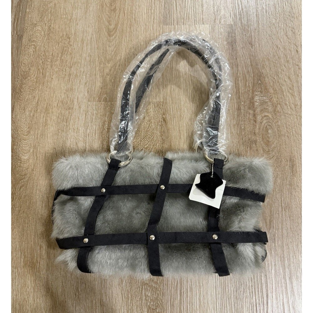 Gray Faux Fur Genuine Leather Harness Strap Handbag Y2K Gothic Punk Grunge Purse